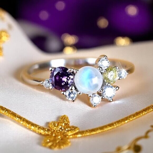๐๏ธ S925 Sterling Silver Moonstone Ring Colorful CZ Cluster Delicate Size 7 - Picture 5 of 12